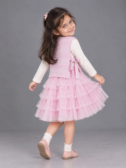 Pink Kitty Knitted Vest & White-Pink Ruffle Frock Set