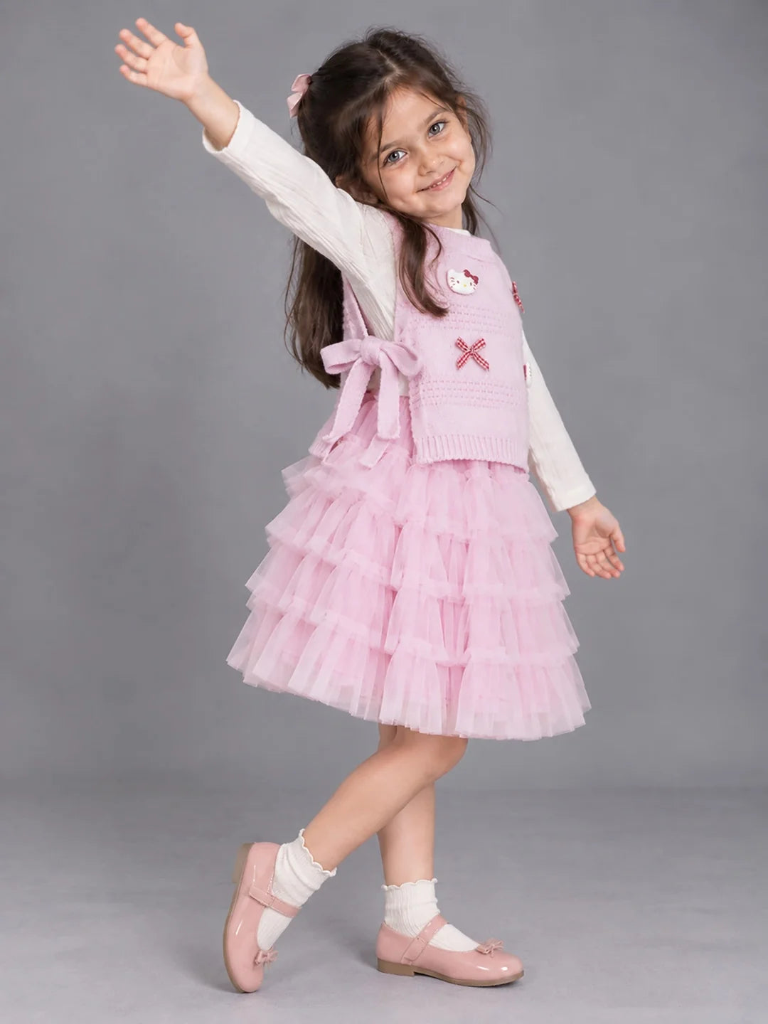 Pink Kitty Knitted Vest & White-Pink Ruffle Frock Set