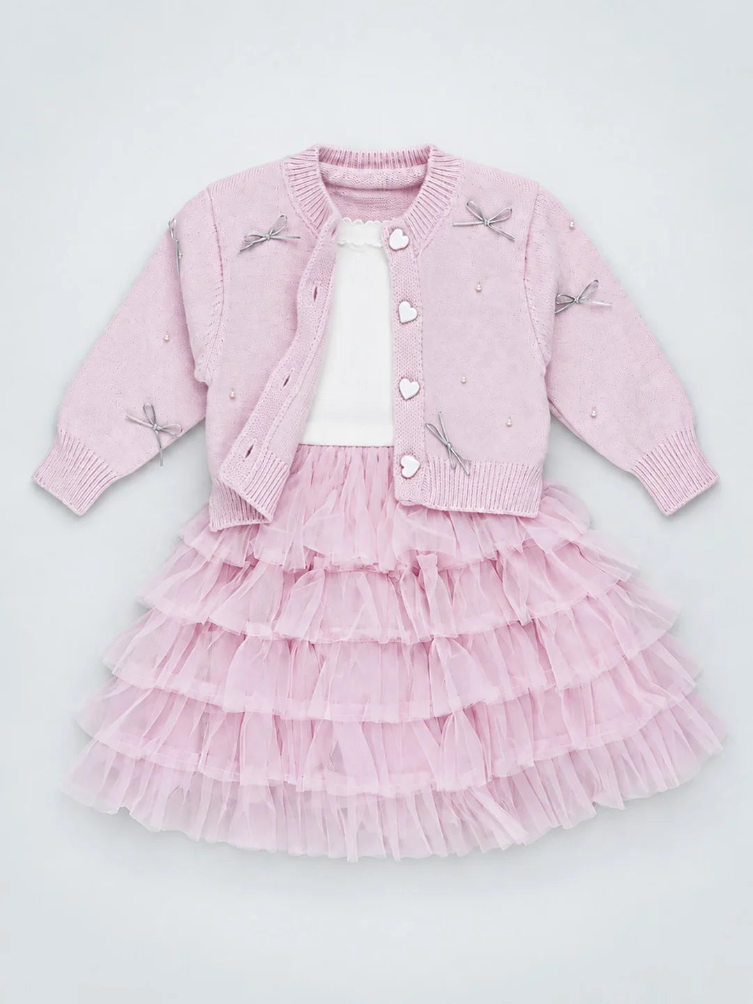 Pink Pearl & Silver Bow Cardigan & White-Pink Ruffle Frock Set