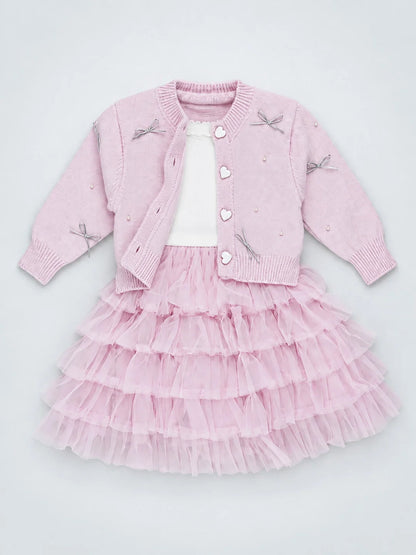 Pink Pearl & Silver Bow Cardigan & White-Pink Ruffle Frock Set
