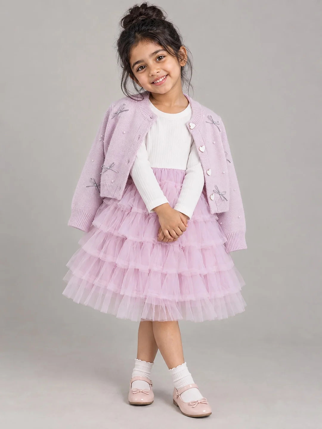 Pink Pearl & Silver Bow Cardigan & White-Pink Ruffle Frock Set