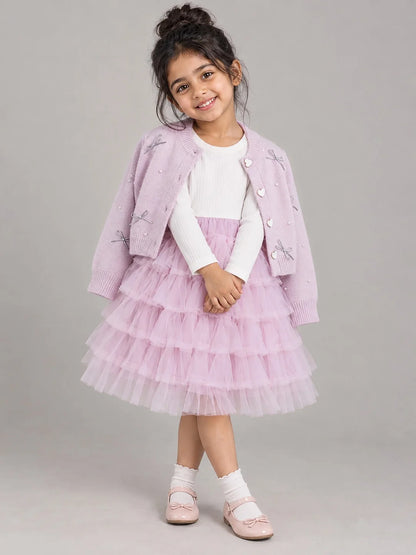Pink Pearl & Silver Bow Cardigan & White-Pink Ruffle Frock Set