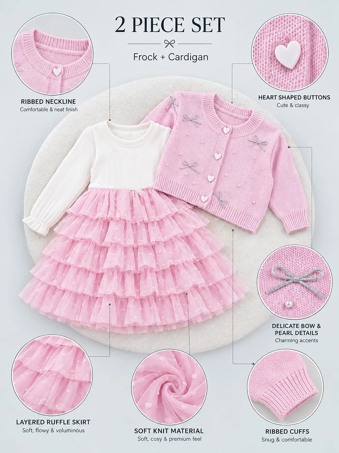 Pink Pearl & Silver Bow Cardigan & White-Pink Ruffle Frock Set