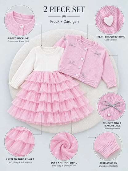 Pink Pearl & Silver Bow Cardigan & White-Pink Ruffle Frock Set