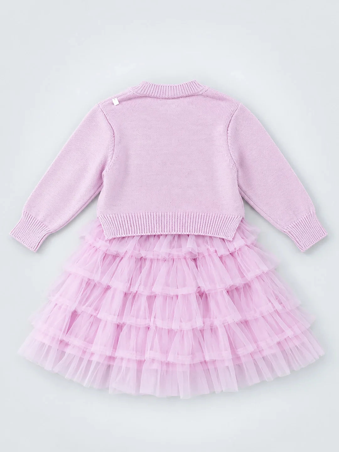 Pink Pearl & Silver Bow Cardigan & White-Pink Ruffle Frock Set