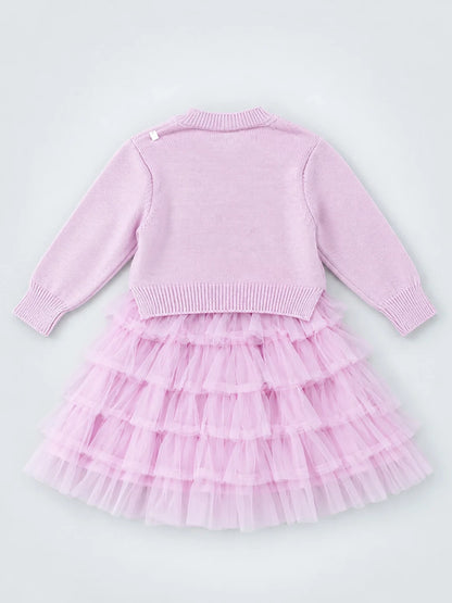Pink Pearl & Silver Bow Cardigan & White-Pink Ruffle Frock Set