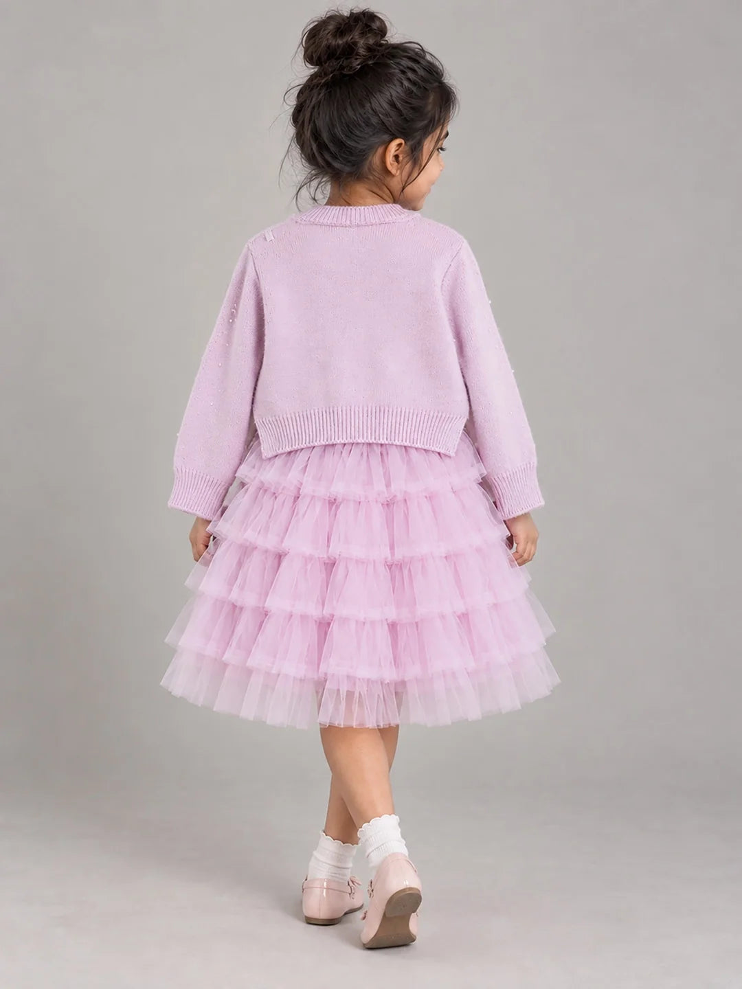 Pink Pearl & Silver Bow Cardigan & White-Pink Ruffle Frock Set