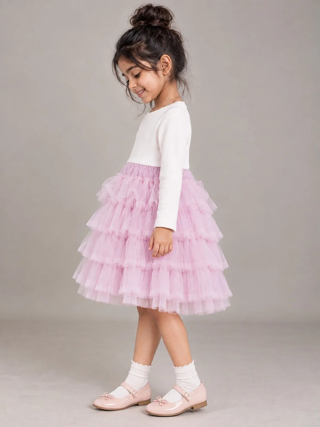Pink Pearl & Silver Bow Cardigan & White-Pink Ruffle Frock Set
