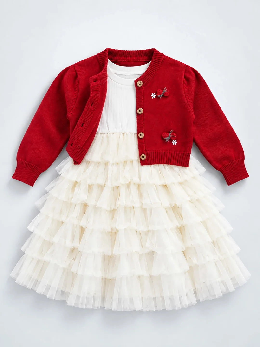 Red 3D Bow Cardigan & White-Ivory Ruffle Frock Set