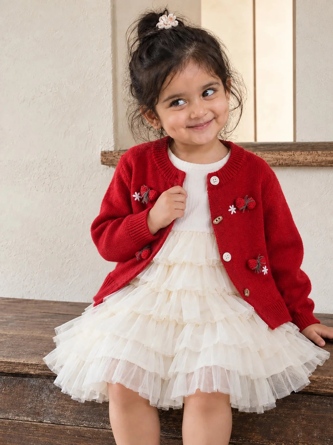 Red 3D Bow Cardigan & White-Ivory Ruffle Frock Set