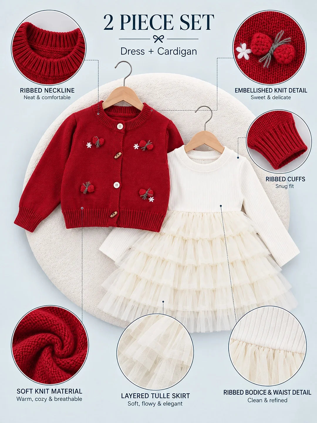 Red 3D Bow Cardigan & White-Ivory Ruffle Frock Set