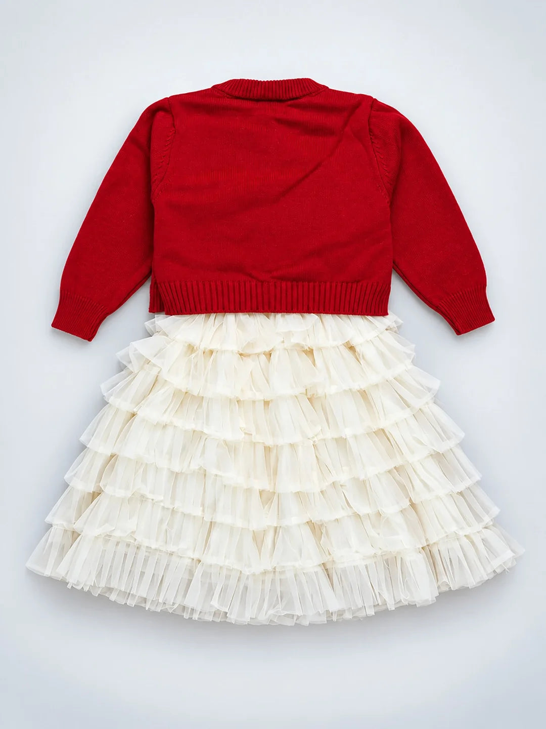 Red 3D Bow Cardigan & White-Ivory Ruffle Frock Set
