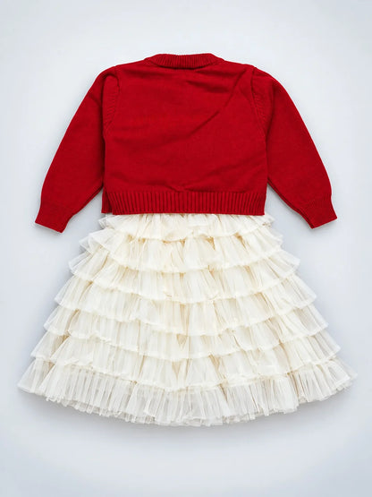 Red 3D Bow Cardigan & White-Ivory Ruffle Frock Set