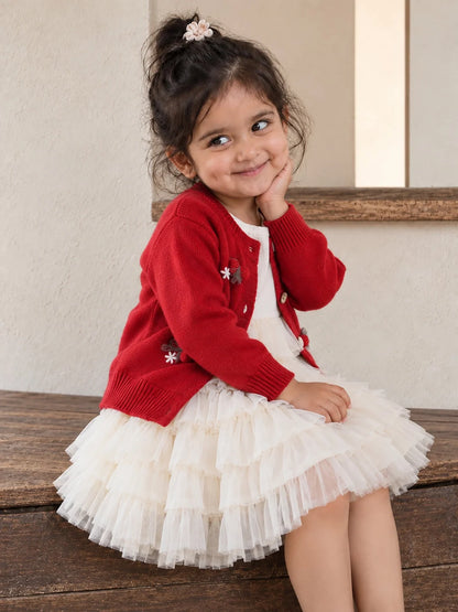 Red 3D Bow Cardigan & White-Ivory Ruffle Frock Set
