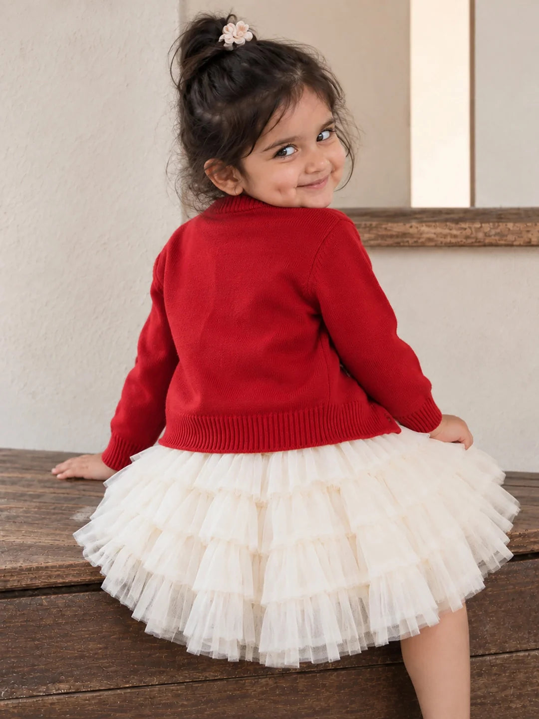 Red 3D Bow Cardigan & White-Ivory Ruffle Frock Set