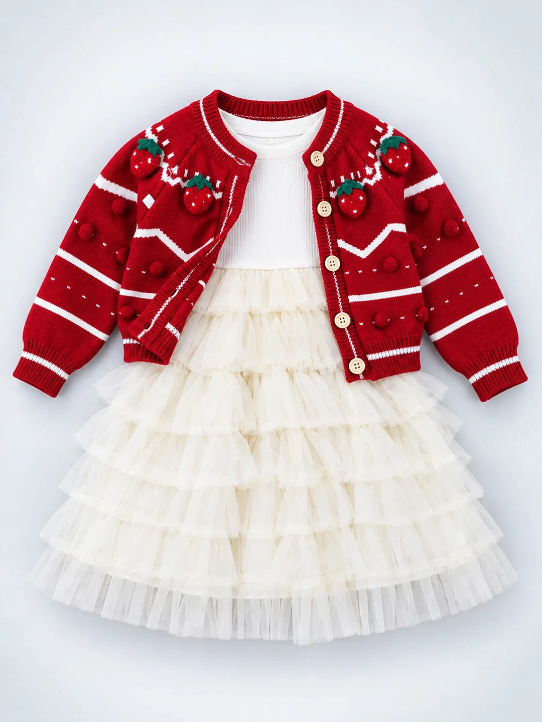 Red Strawberry Cardigan & White-Ivory Ruffle Frock Set