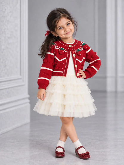 Red Strawberry Cardigan & White-Ivory Ruffle Frock Set