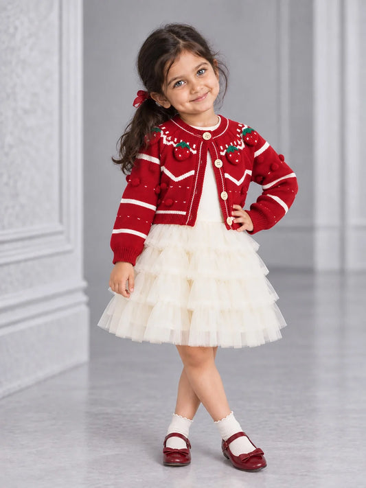 Red Strawberry Cardigan & White-Ivory Ruffle Frock Set