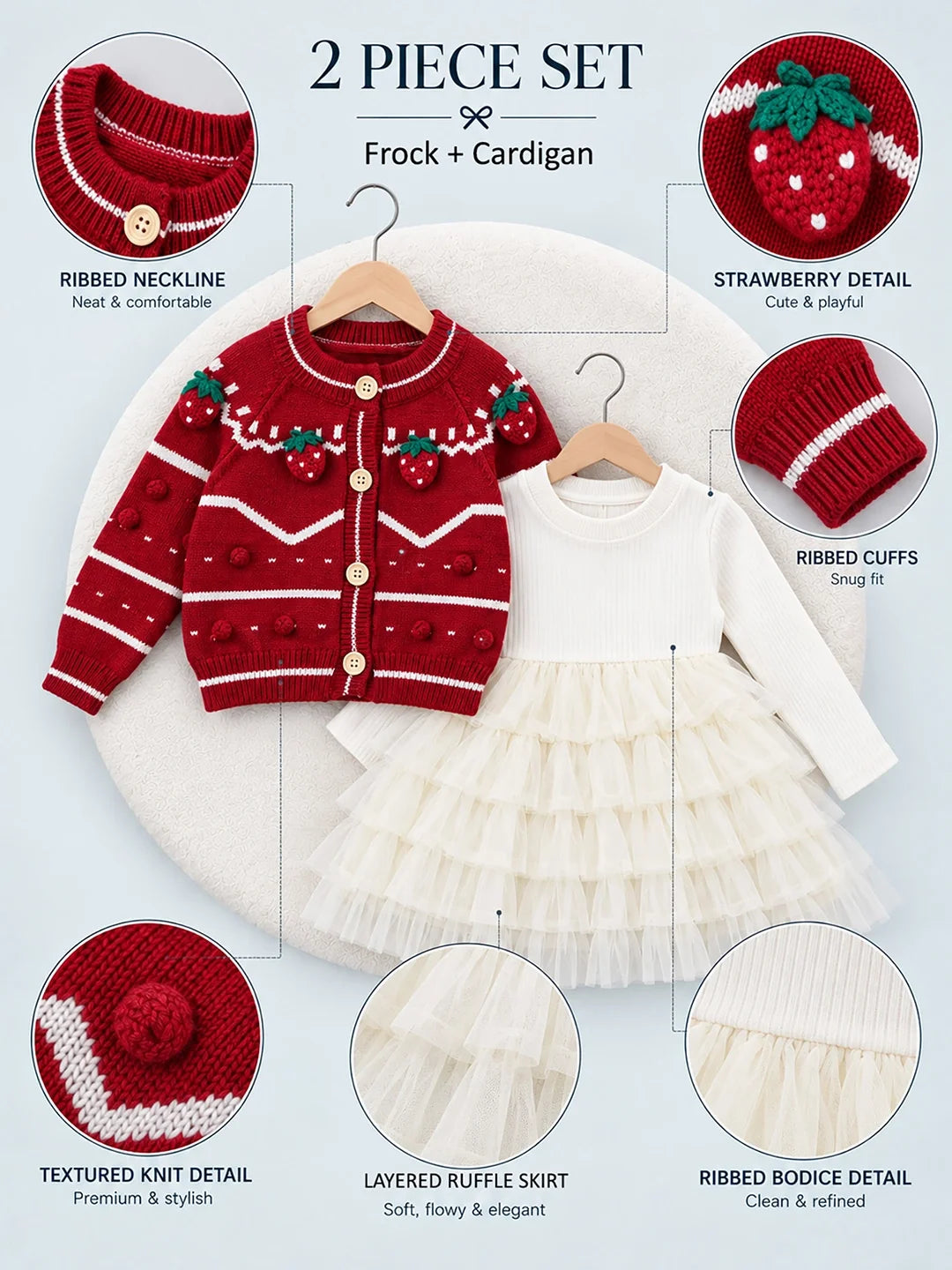 Red Strawberry Cardigan & White-Ivory Ruffle Frock Set