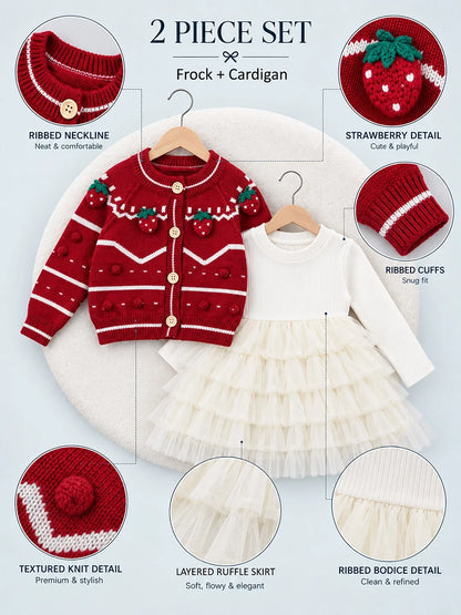 Red Strawberry Cardigan & White-Ivory Ruffle Frock Set