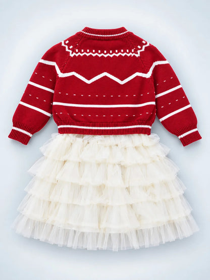 Red Strawberry Cardigan & White-Ivory Ruffle Frock Set