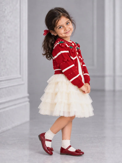 Red Strawberry Cardigan & White-Ivory Ruffle Frock Set