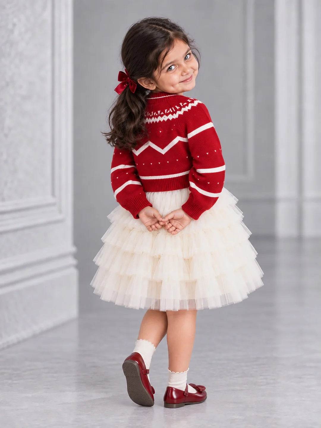 Red Strawberry Cardigan & White-Ivory Ruffle Frock Set