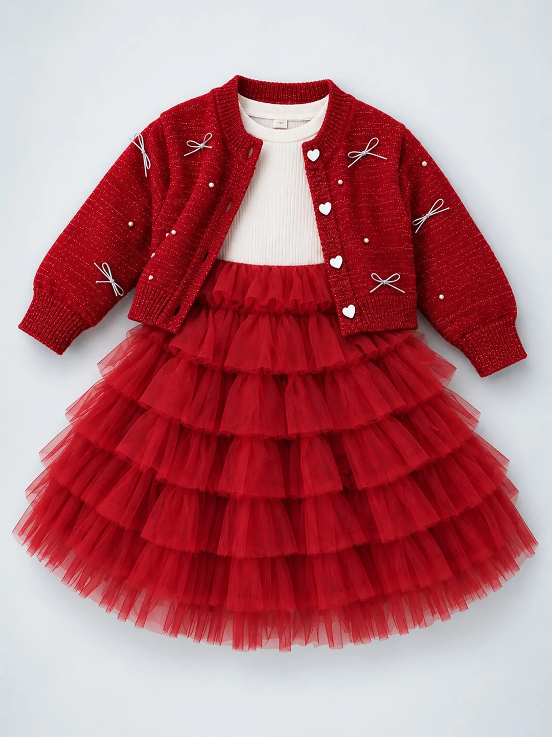 Red Pearl & Silver Bow Cardigan & White-Red Ruffle Frock Set