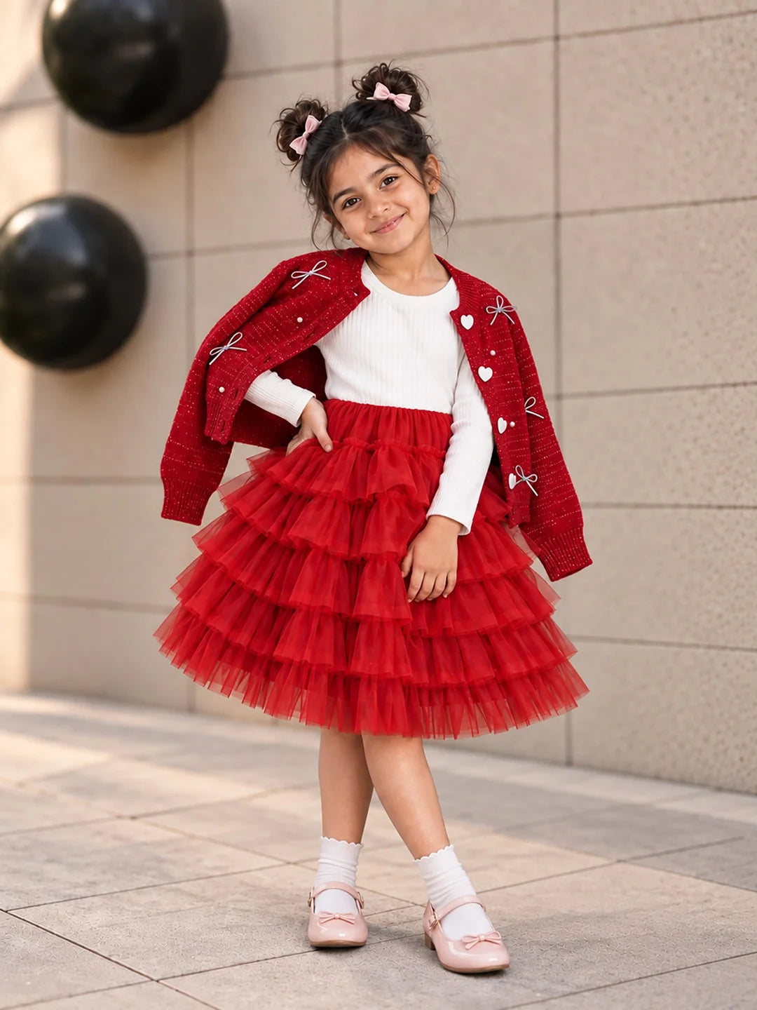Red Pearl & Silver Bow Cardigan & White-Red Ruffle Frock Set