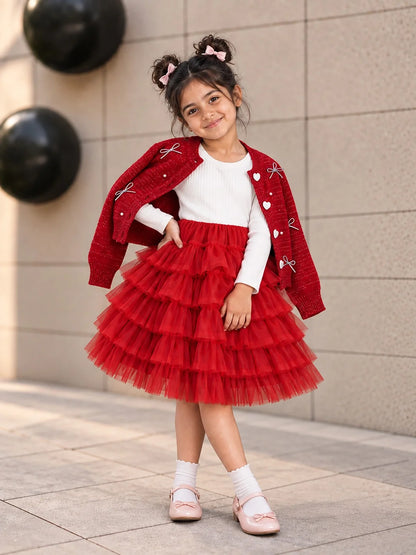 Red Pearl & Silver Bow Cardigan & White-Red Ruffle Frock Set