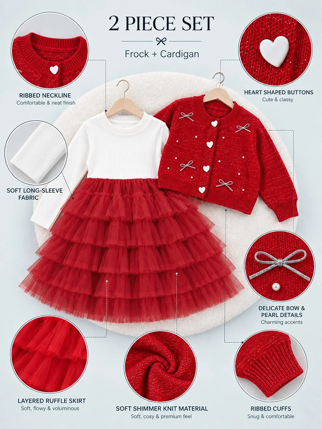 Red Pearl & Silver Bow Cardigan & White-Red Ruffle Frock Set