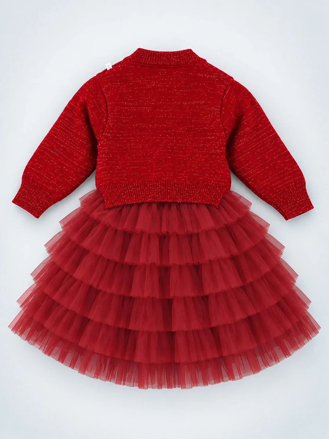 Red Pearl & Silver Bow Cardigan & White-Red Ruffle Frock Set