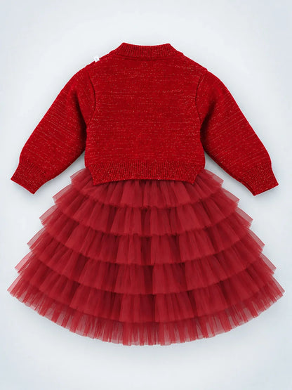 Red Pearl & Silver Bow Cardigan & White-Red Ruffle Frock Set