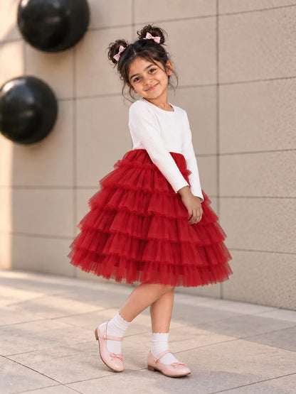 Red Pearl & Silver Bow Cardigan & White-Red Ruffle Frock Set