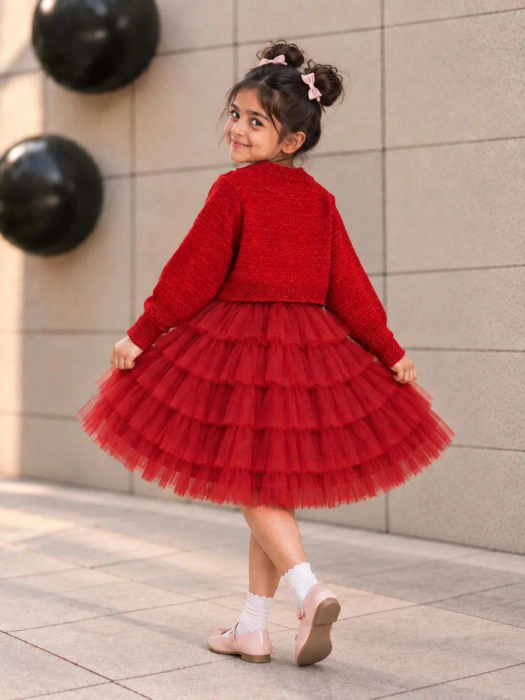 Red Pearl & Silver Bow Cardigan & White-Red Ruffle Frock Set