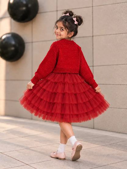 Red Pearl & Silver Bow Cardigan & White-Red Ruffle Frock Set