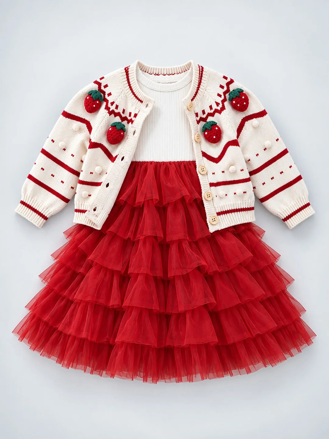 White Strawberry Cardigan & White-Red Ruffle Frock Set