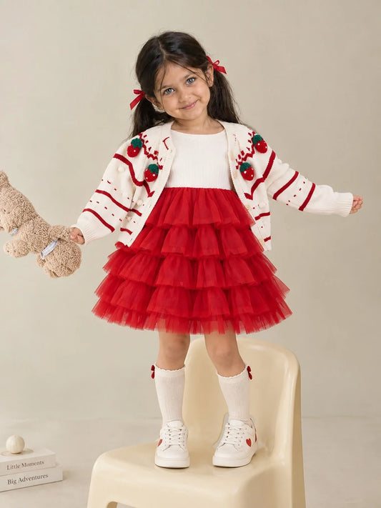 White Strawberry Cardigan & White-Red Ruffle Frock Set