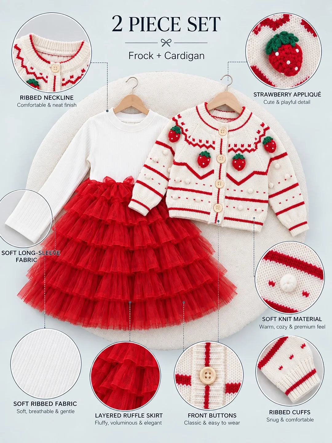 White Strawberry Cardigan & White-Red Ruffle Frock Set