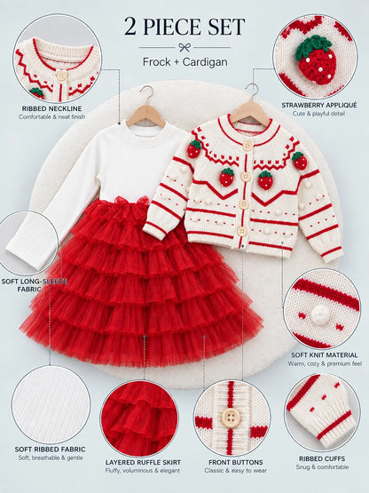 White Strawberry Cardigan & White-Red Ruffle Frock Set