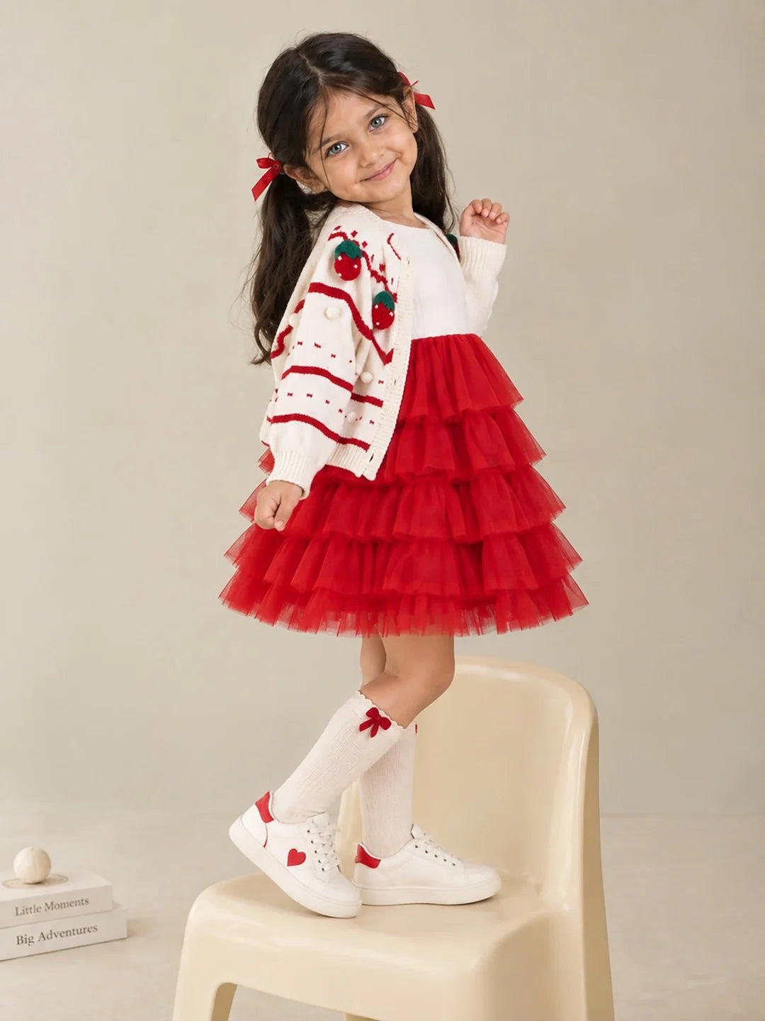 White Strawberry Cardigan & White-Red Ruffle Frock Set