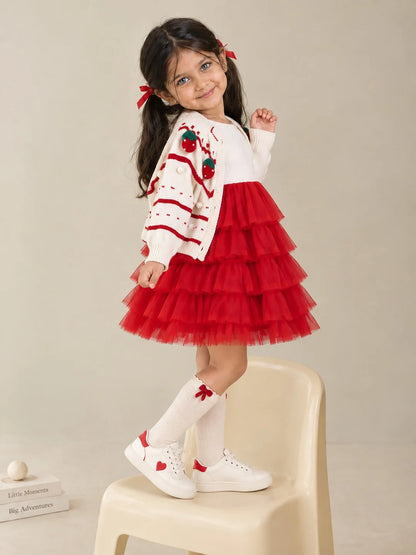 White Strawberry Cardigan & White-Red Ruffle Frock Set