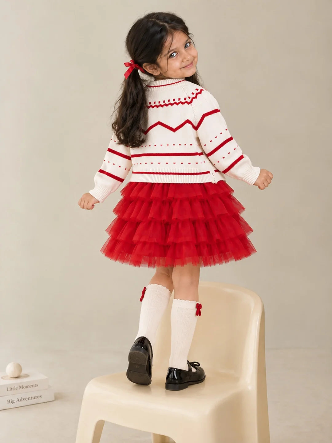 White Strawberry Cardigan & White-Red Ruffle Frock Set
