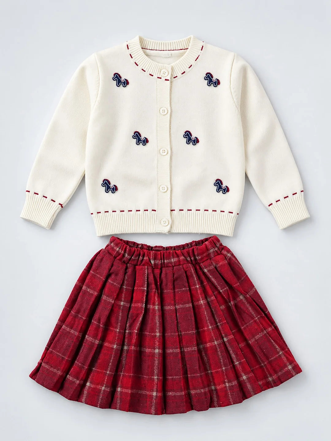 Ivory Horse Cardigan & Maroon Checked Skirt Set
