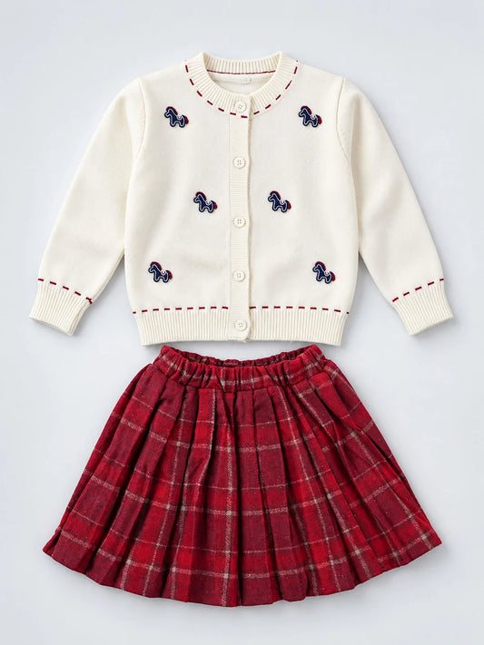 Ivory Horse Cardigan & Maroon Checked Skirt Set