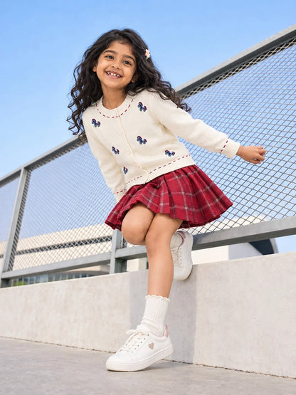 Ivory Horse Cardigan & Maroon Checked Skirt Set