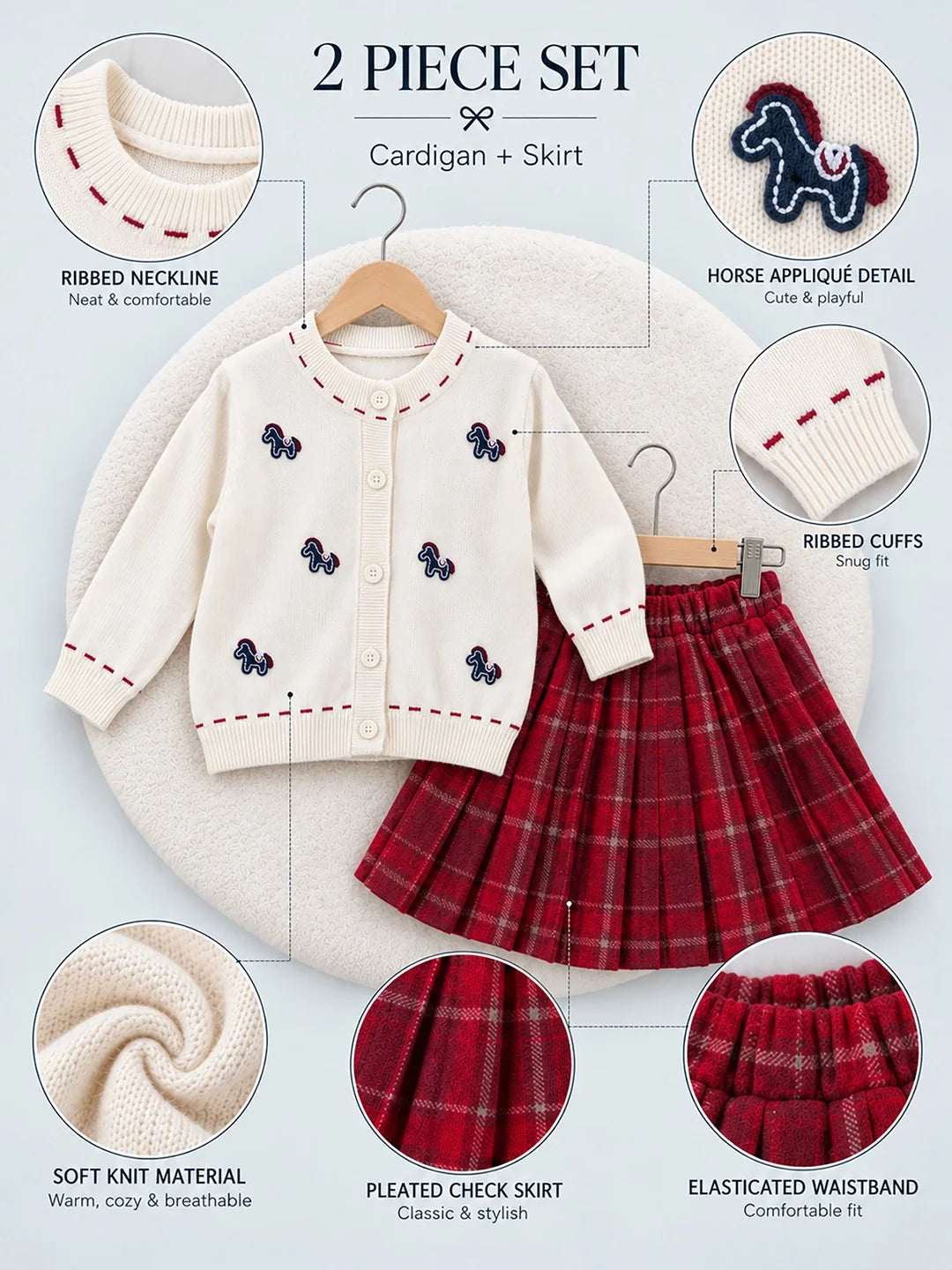 Ivory Horse Cardigan & Maroon Checked Skirt Set