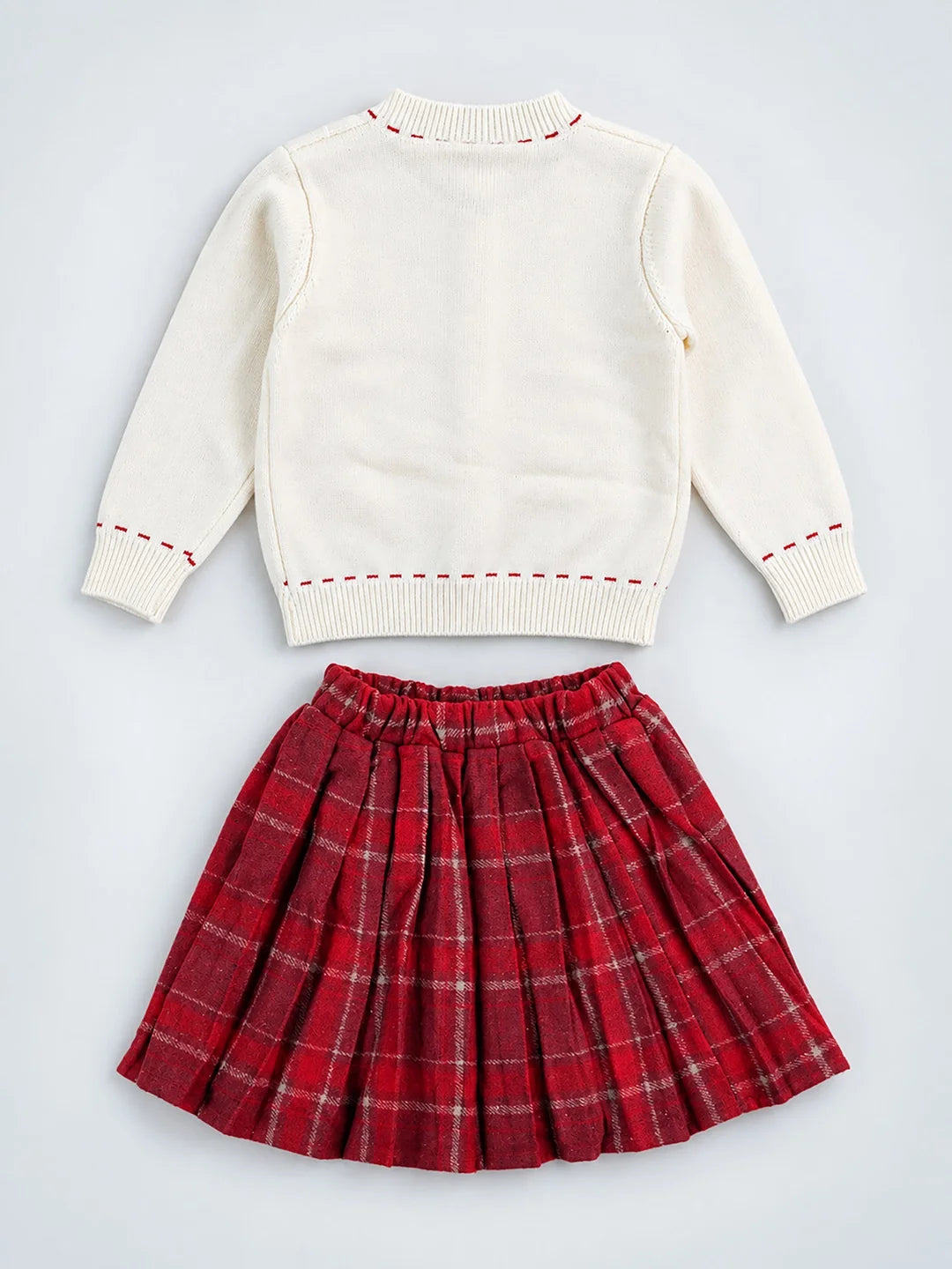 Ivory Horse Cardigan & Maroon Checked Skirt Set