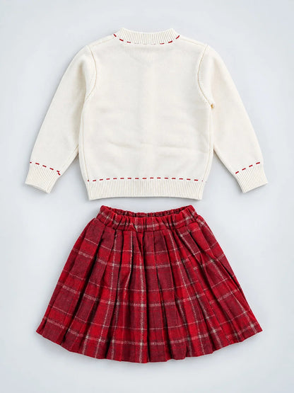 Ivory Horse Cardigan & Maroon Checked Skirt Set