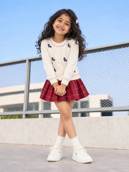 Ivory Horse Cardigan & Maroon Checked Skirt Set